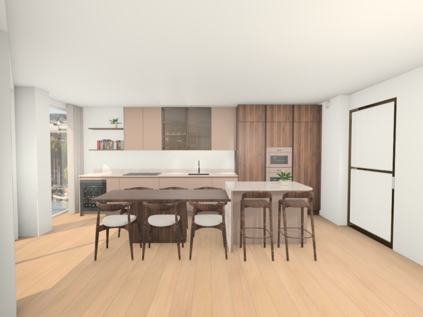 Render 3D final da cozinha, vista ampla com sala de jantar e ilha