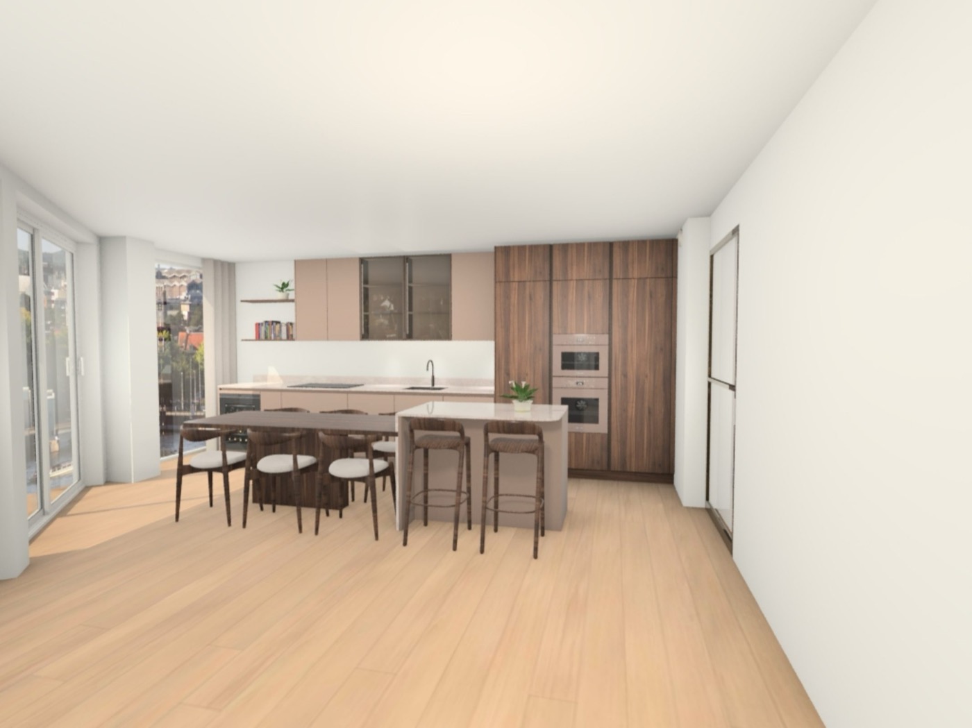 Render 3D final da cozinha, vista frontal com adega e vista pro Amstel