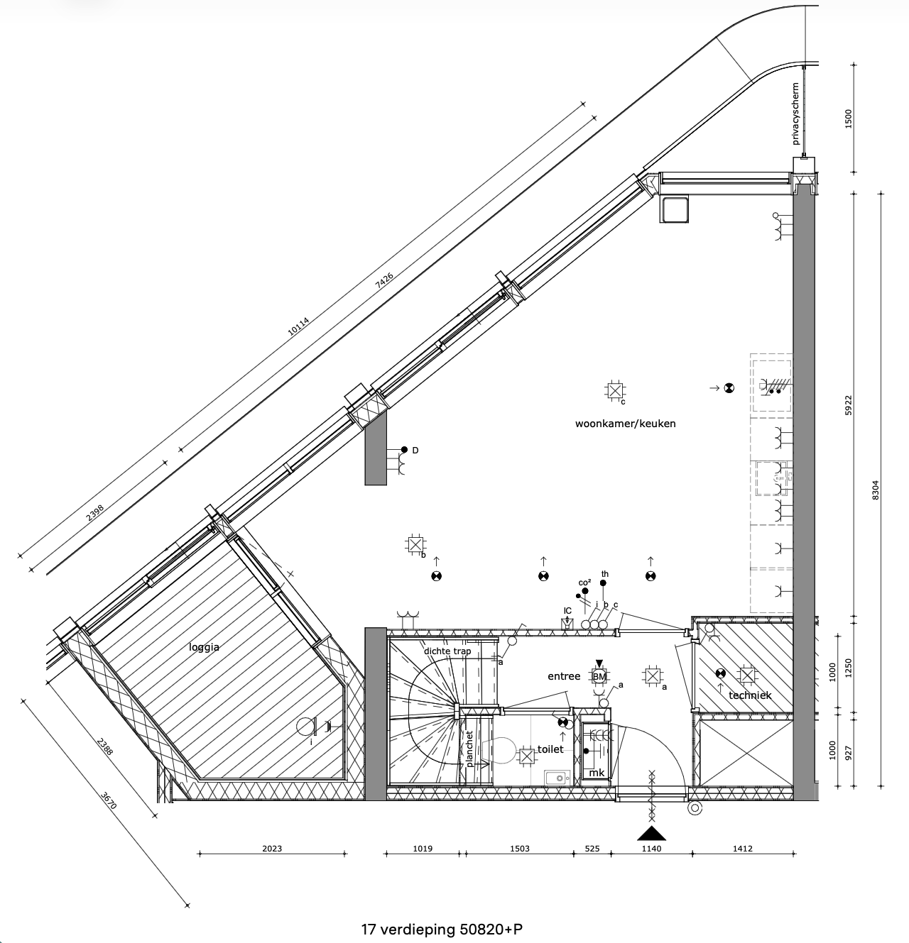 Planta do andar de baixo (17º andar): sala, cozinha, lavabo e loggia