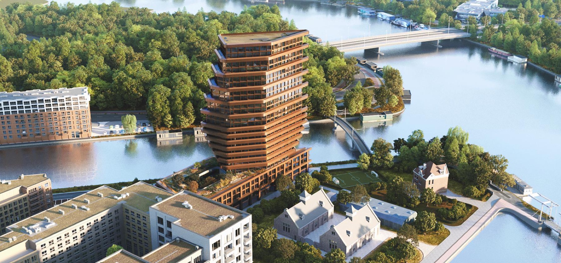 Render aéreo do Elements às margens do Amstel