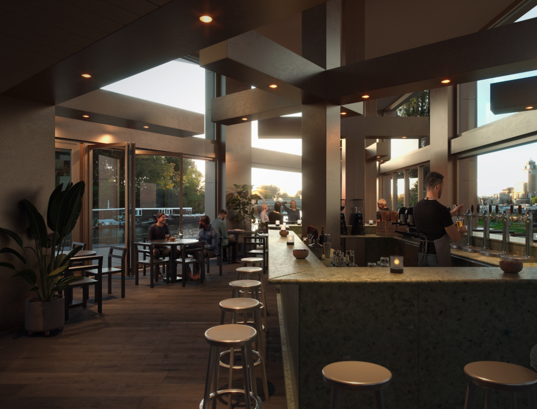 Render do bar/restaurante no térreo