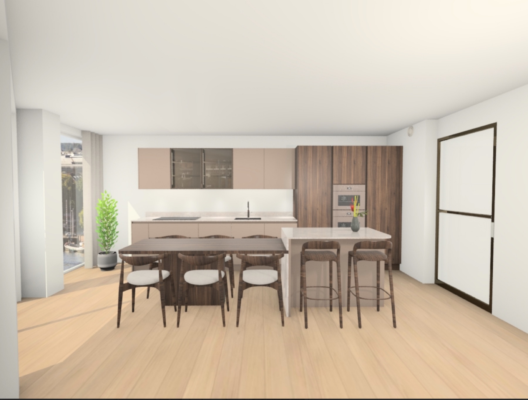 Render 3D da cozinha com bar e ilha