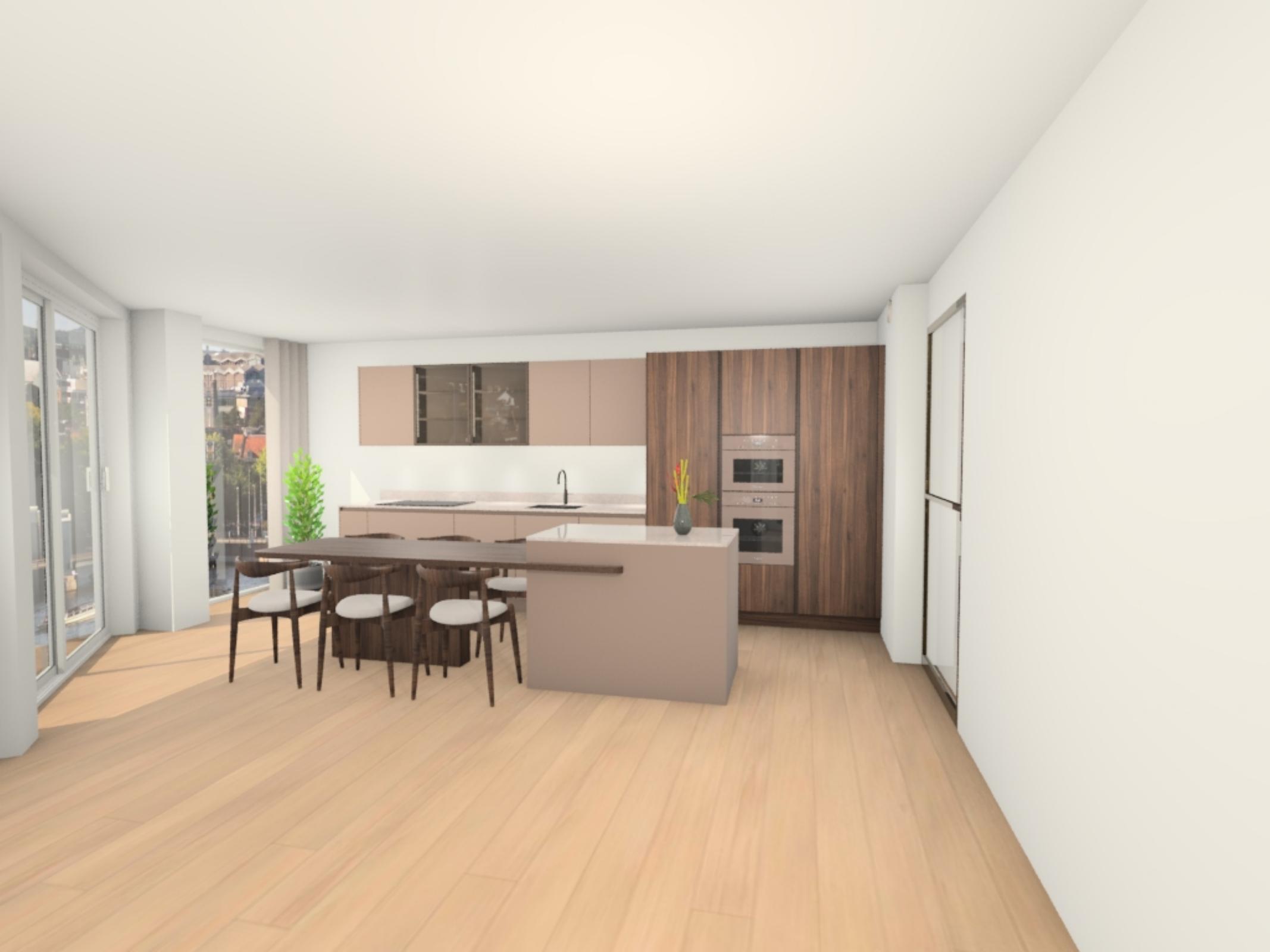 Render 3D da cozinha sem bar, ângulo 1