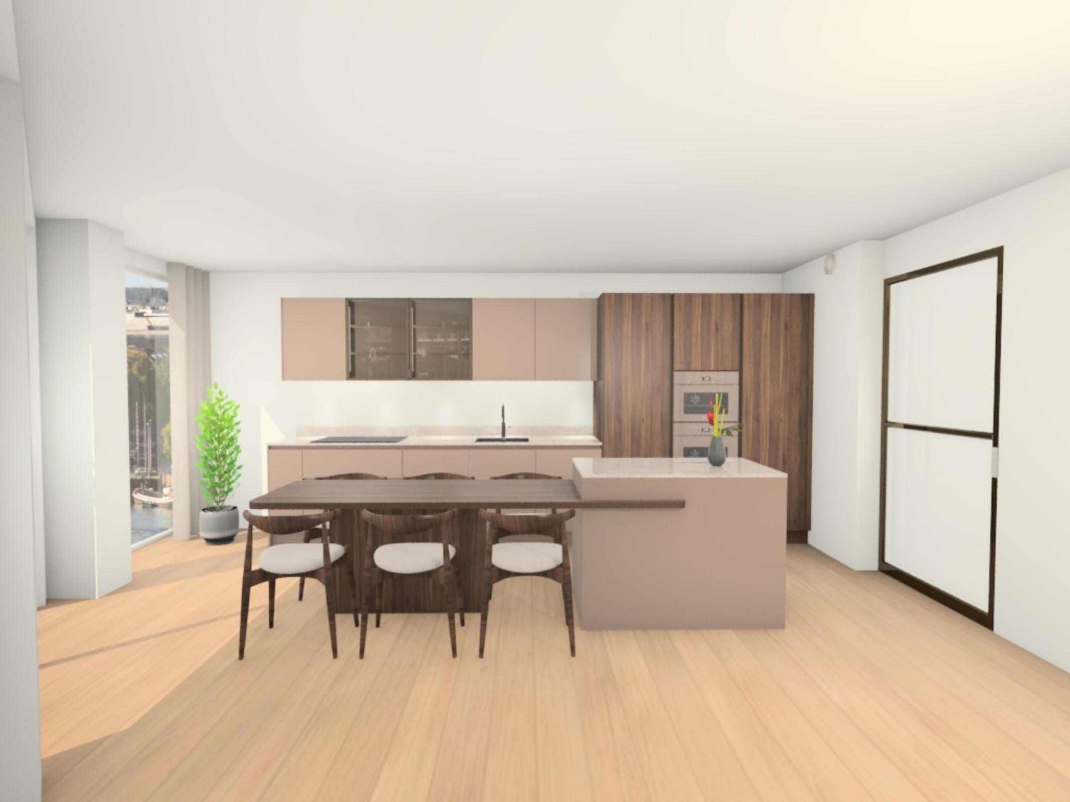 Render 3D da cozinha sem bar, outro ângulo